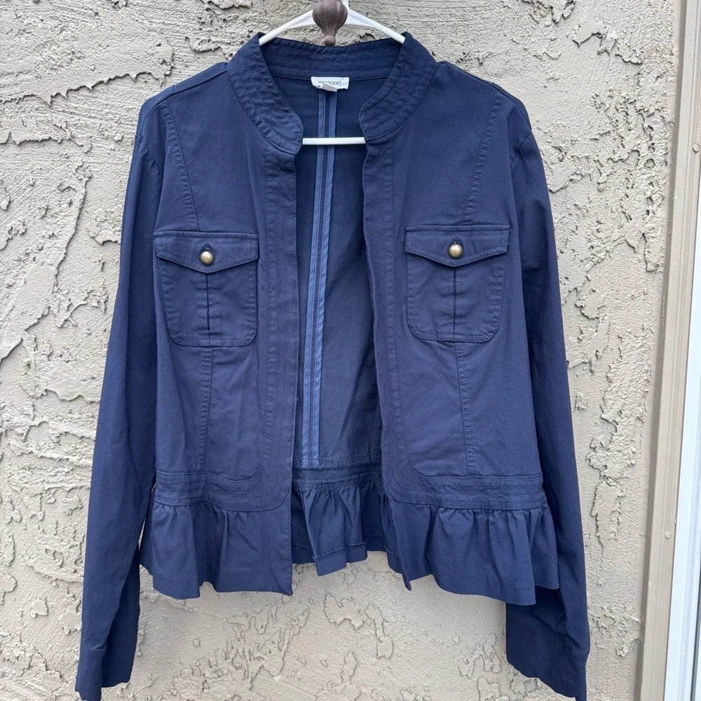 Westport Navy Ruffle Peplum jacket Open Front Stretch size XL - Picture 3 of 15